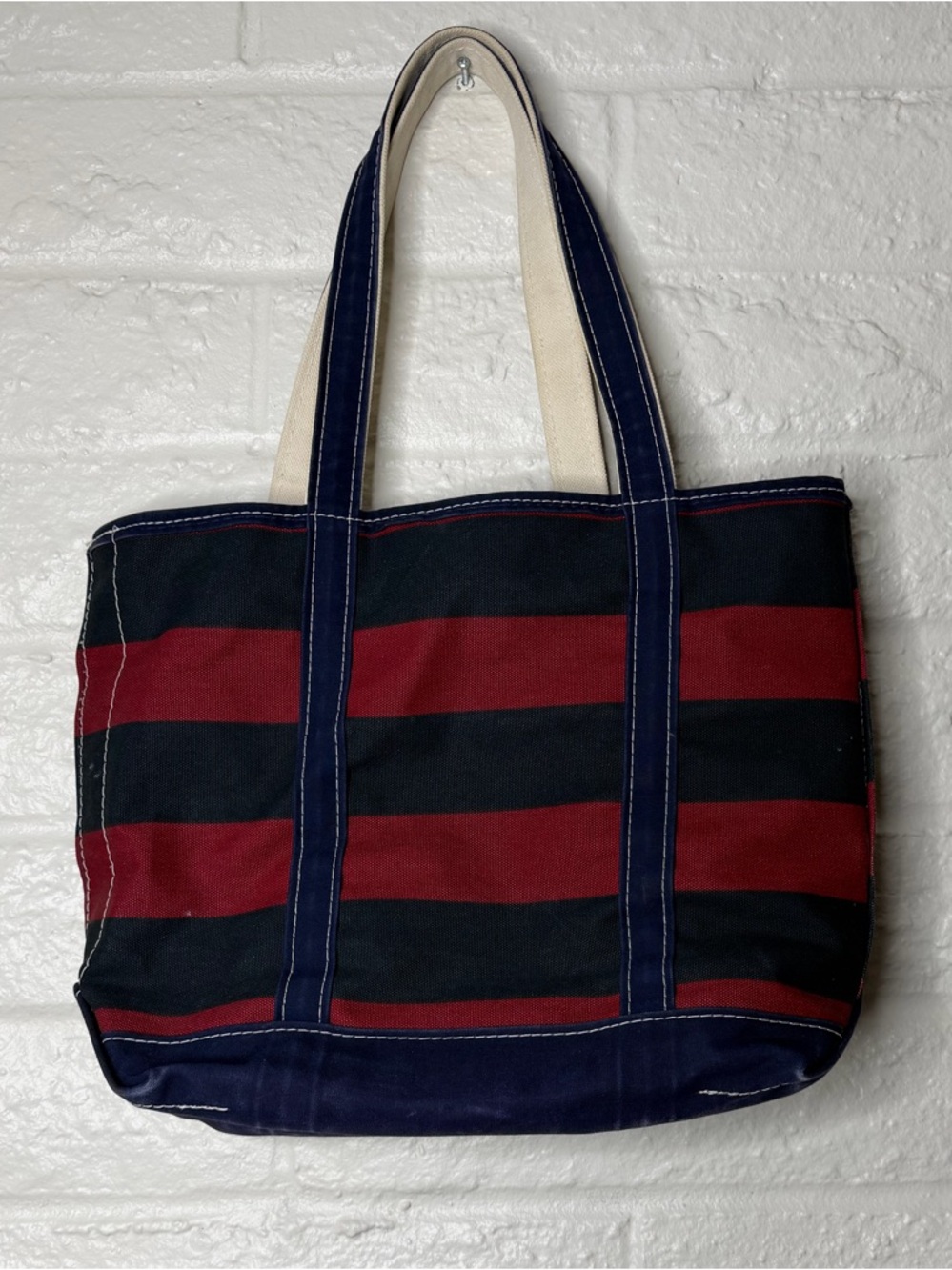 L.L. Bean Vintage Navy & Maroon Striped Boat & Tote Canvas Bag 90’s Zip Top